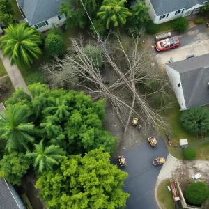 Aerial view of severe storm damage in Pinellas County with debris and emergency personnel
