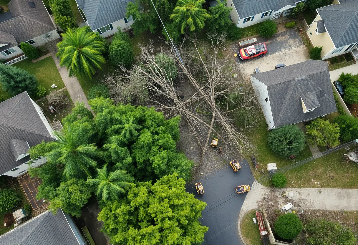 Aerial view of severe storm damage in Pinellas County with debris and emergency personnel