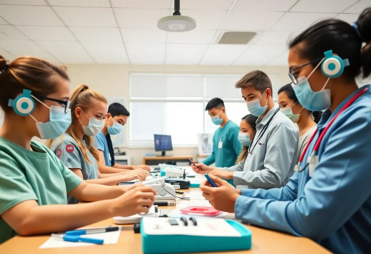 Students participating in health career education activities in a classroom setting
