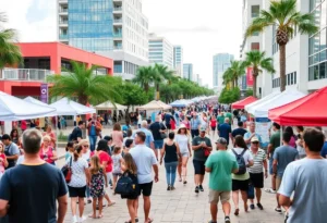 A bustling Tampa Bay community event with residents engaging in activities.
