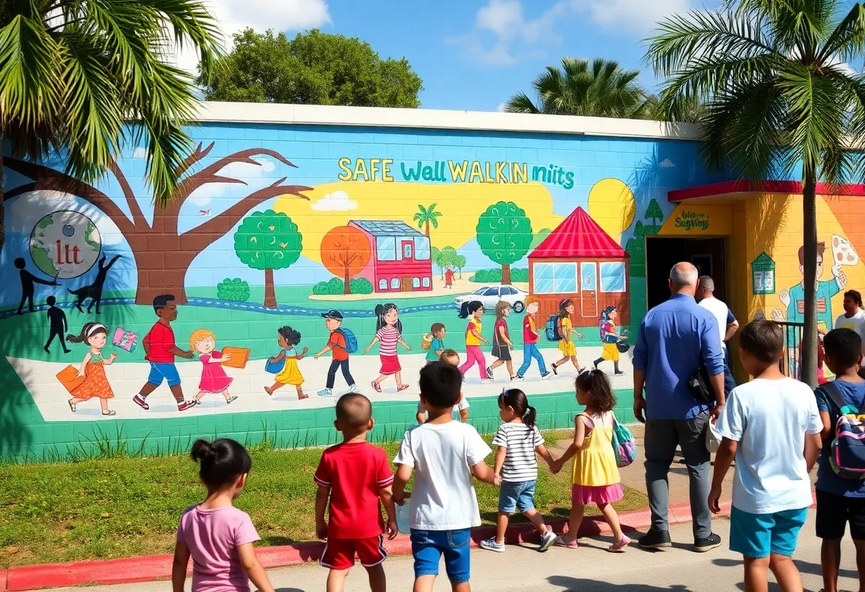 Vibrant mural outside a Tampa school encouraging safe walking for students