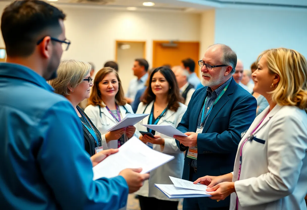 Group of healthcare professionals presenting strategic plans at a community event.