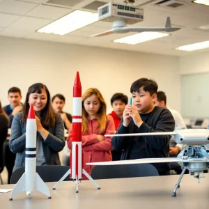 Students learning aerospace engineering at USF with models and blueprints