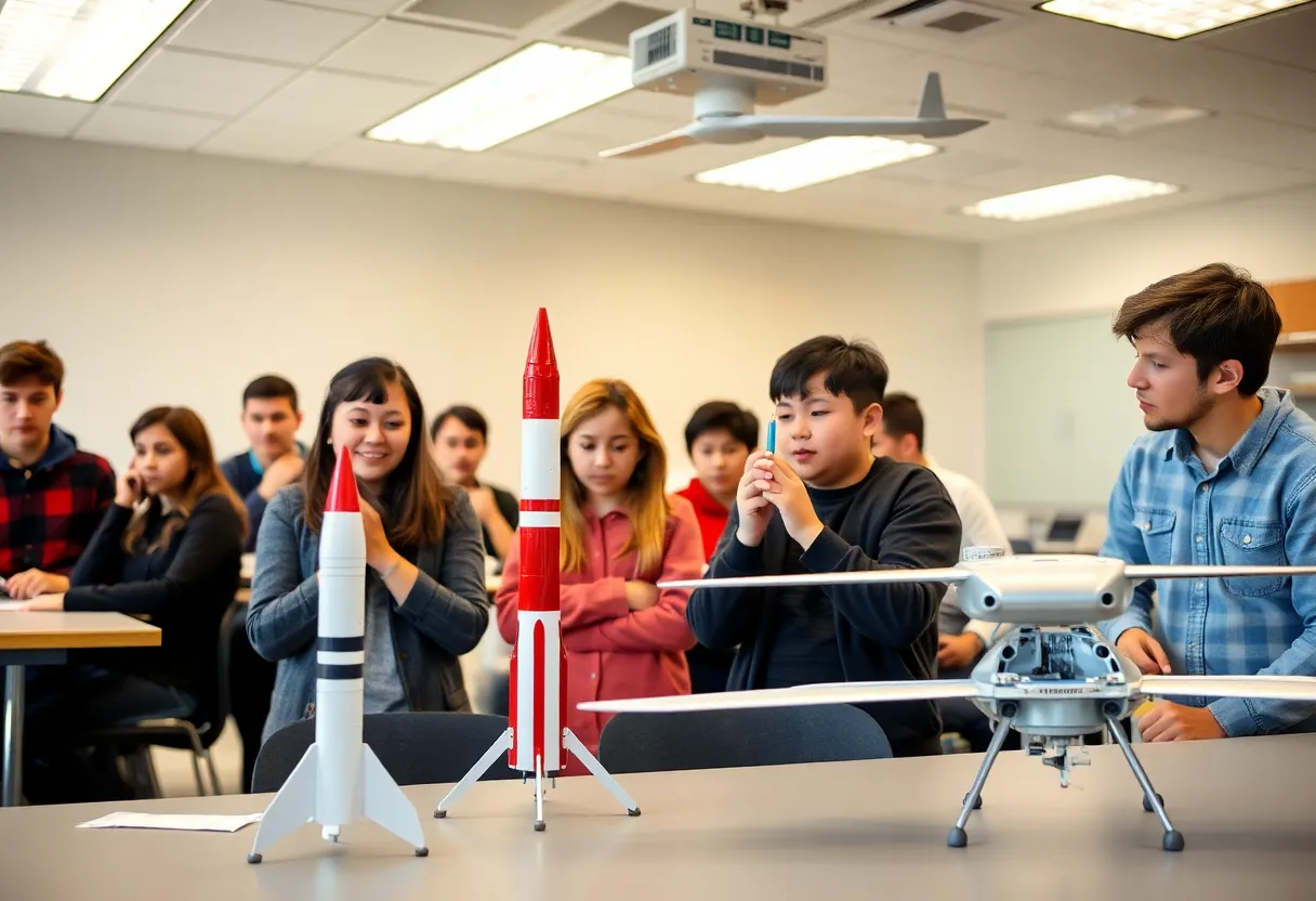 Students learning aerospace engineering at USF with models and blueprints