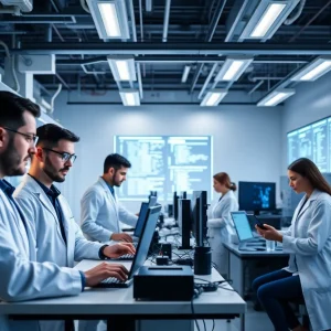 Researchers collaborating in a high-tech lab focused on artificial intelligence and military applications.