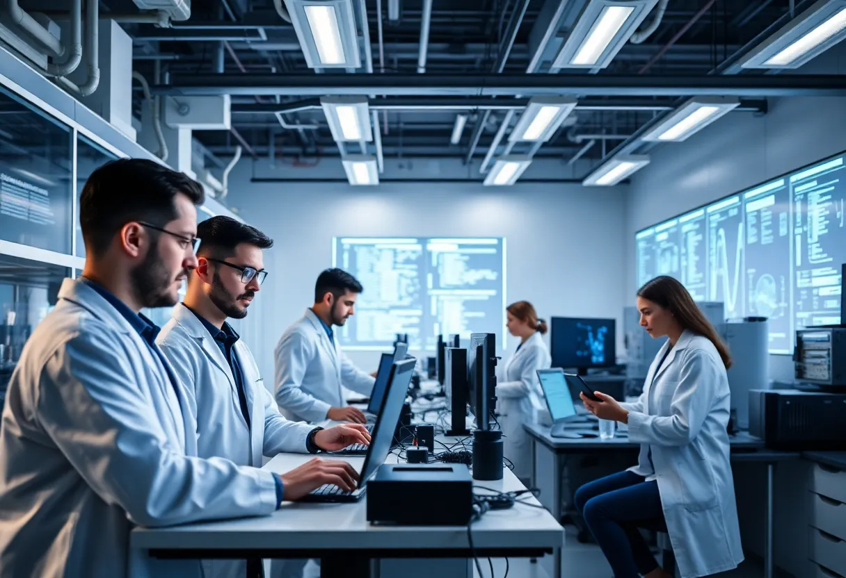 Researchers collaborating in a high-tech lab focused on artificial intelligence and military applications.