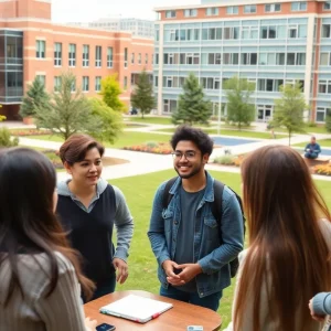 Students on a university campus discussing club formation ideas