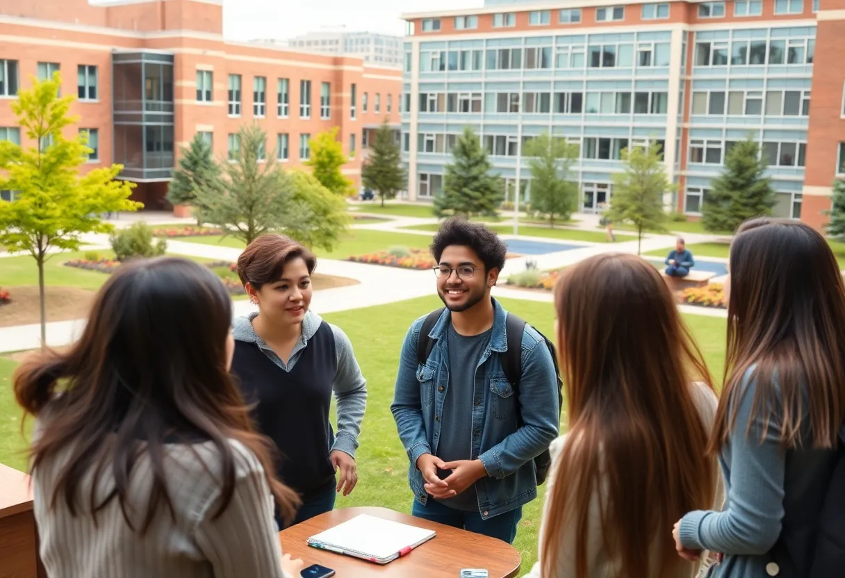 Students on a university campus discussing club formation ideas