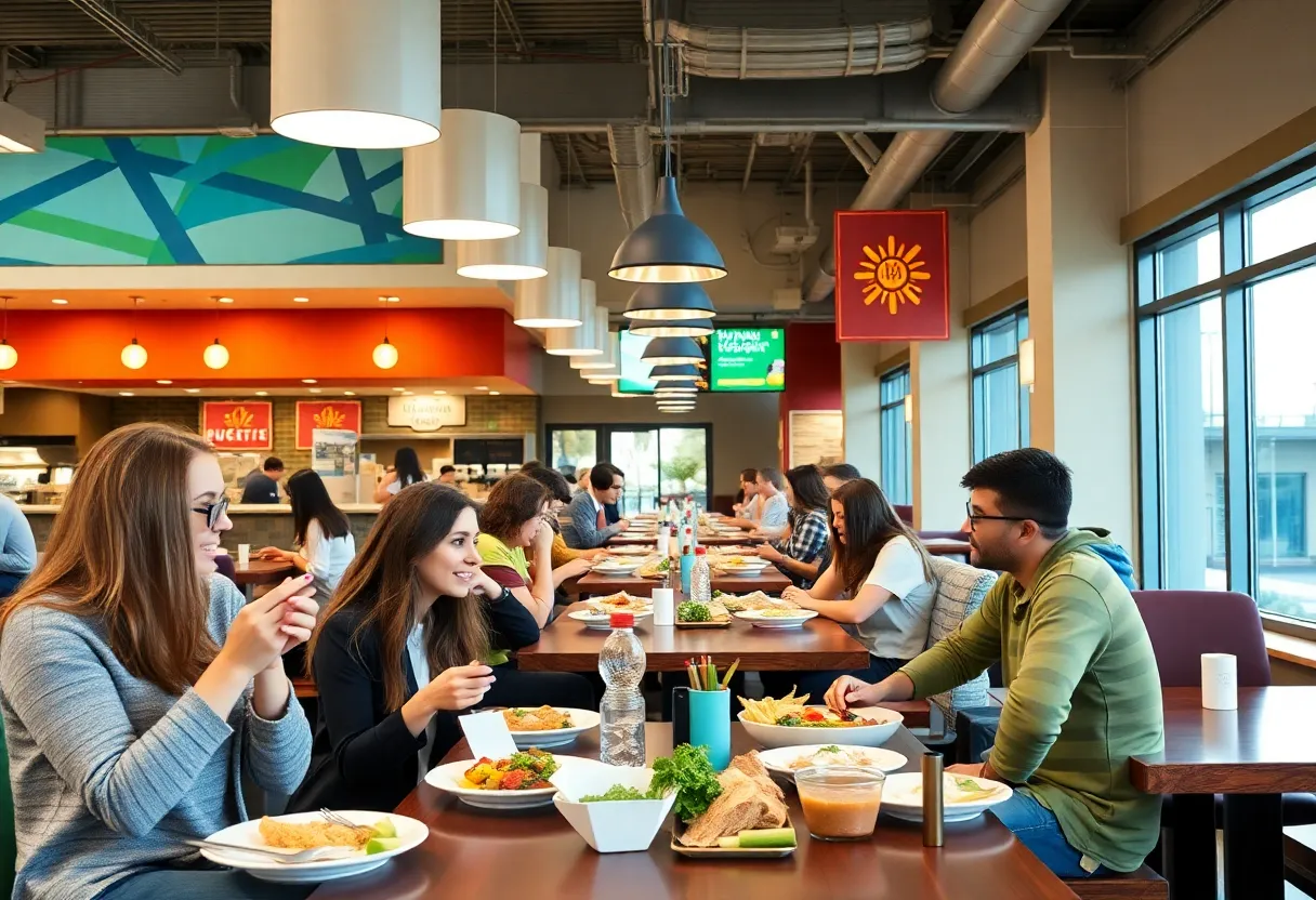 Students dining in a university dining hall with local food options.