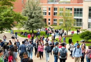 Students on the USF campus celebrating record enrollment