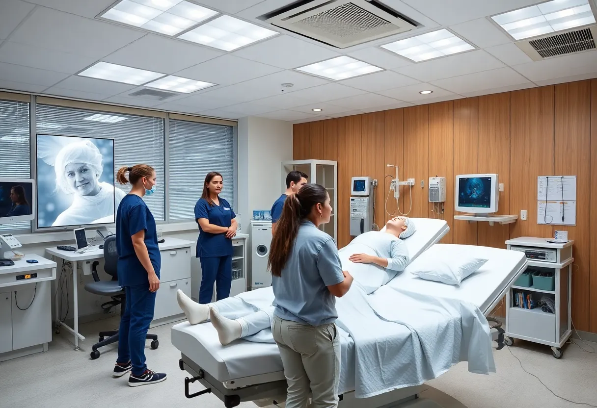 Students engaged in a healthcare simulation training session with advanced manikins.