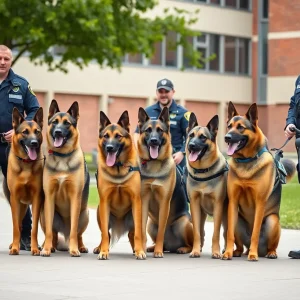 A police dog with its handler on the University of South Florida campus