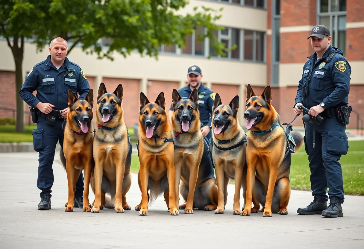 A police dog with its handler on the University of South Florida campus