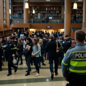 Students evacuating the USF Library during a police response