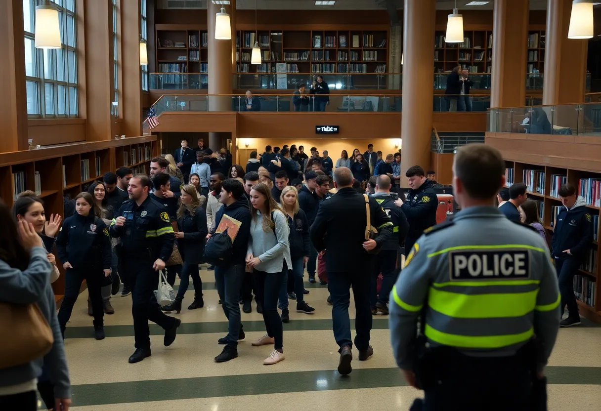 Students evacuating the USF Library during a police response