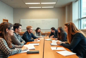 Students in a classroom discussing feedback on academic assignments