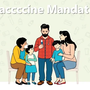 Conceptual illustration of a family discussing vaccine mandates with healthcare symbols in the background.