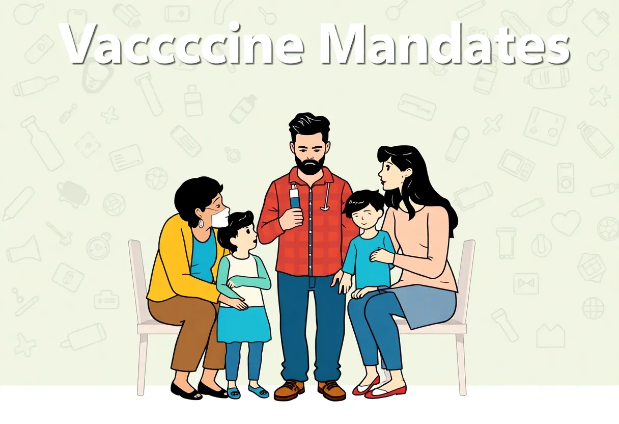 Conceptual illustration of a family discussing vaccine mandates with healthcare symbols in the background.