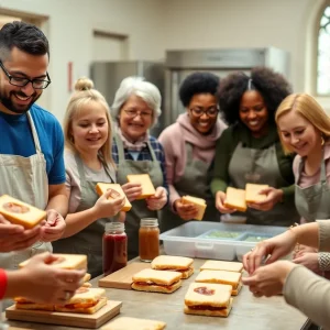 Volunteers in a church kitchen assembling peanut butter and jelly sandwiches