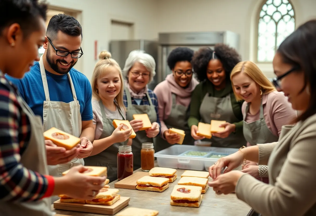 Volunteers in a church kitchen assembling peanut butter and jelly sandwiches