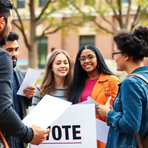 Young voters engaging in political discussion at a university campus
