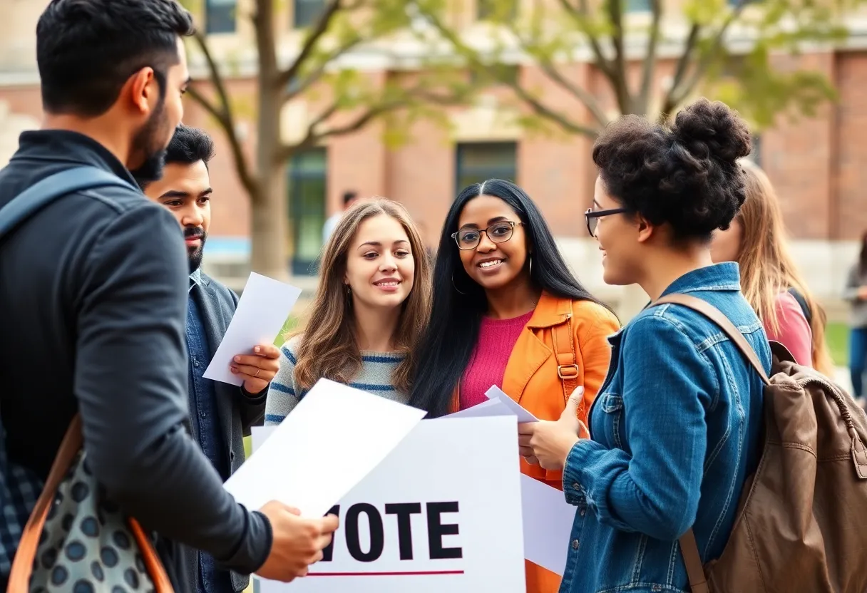 Young voters engaging in political discussion at a university campus