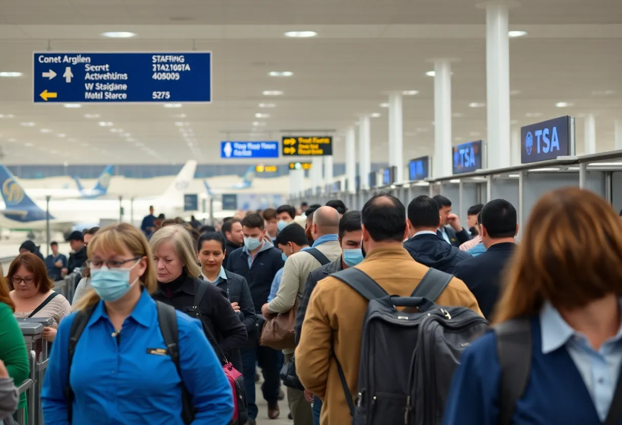 Passengers at an airport experiencing delays and longer wait times due to government shutdown disruptions.