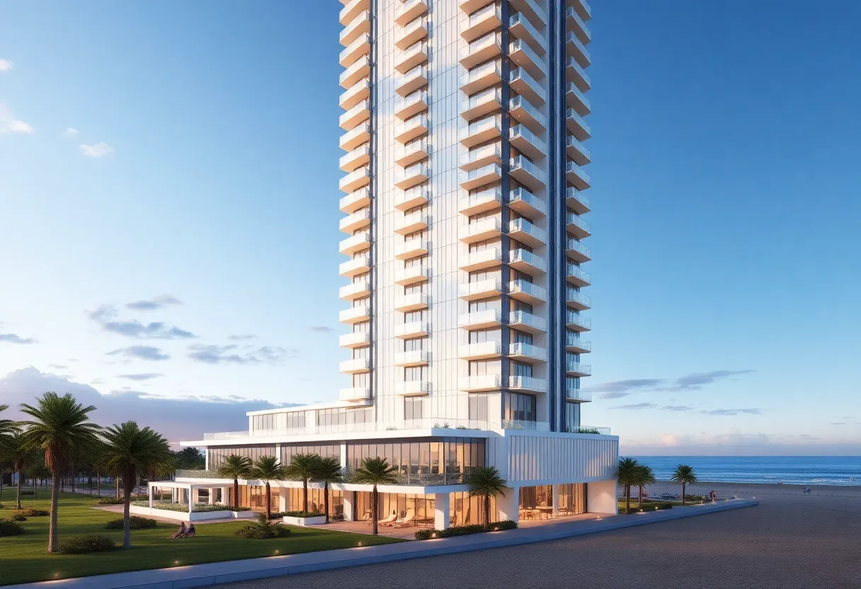 Rendering of the Aston Martin luxury residential tower by the beach