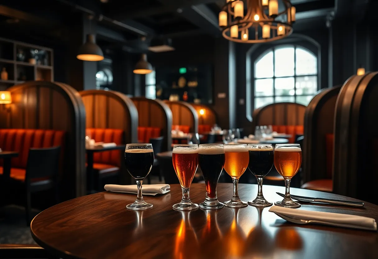 Elegant dining setup at Bern's Steak House with barrel-aged beers.