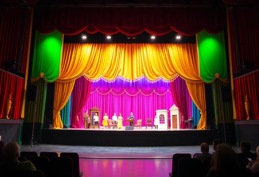Theater stage with colorful curtains and lights