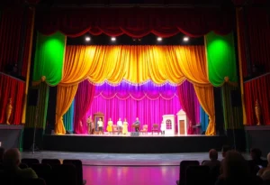 Theater stage with colorful curtains and lights