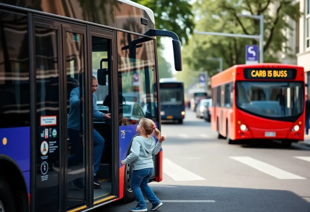 Bus driver helping a lost child on a busy road