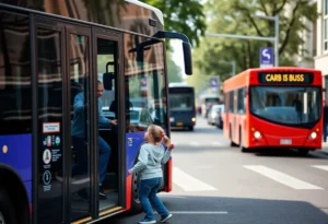 Bus driver helping a lost child on a busy road