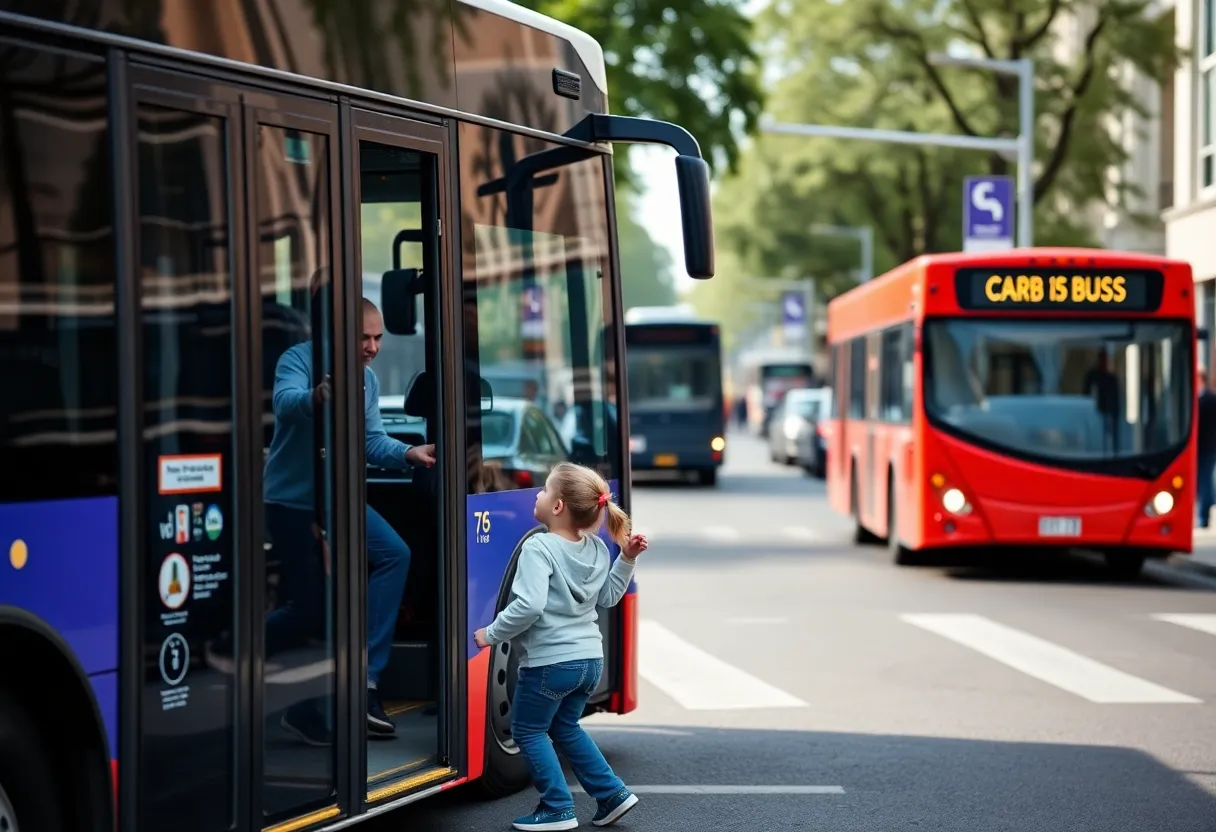 Bus driver helping a lost child on a busy road