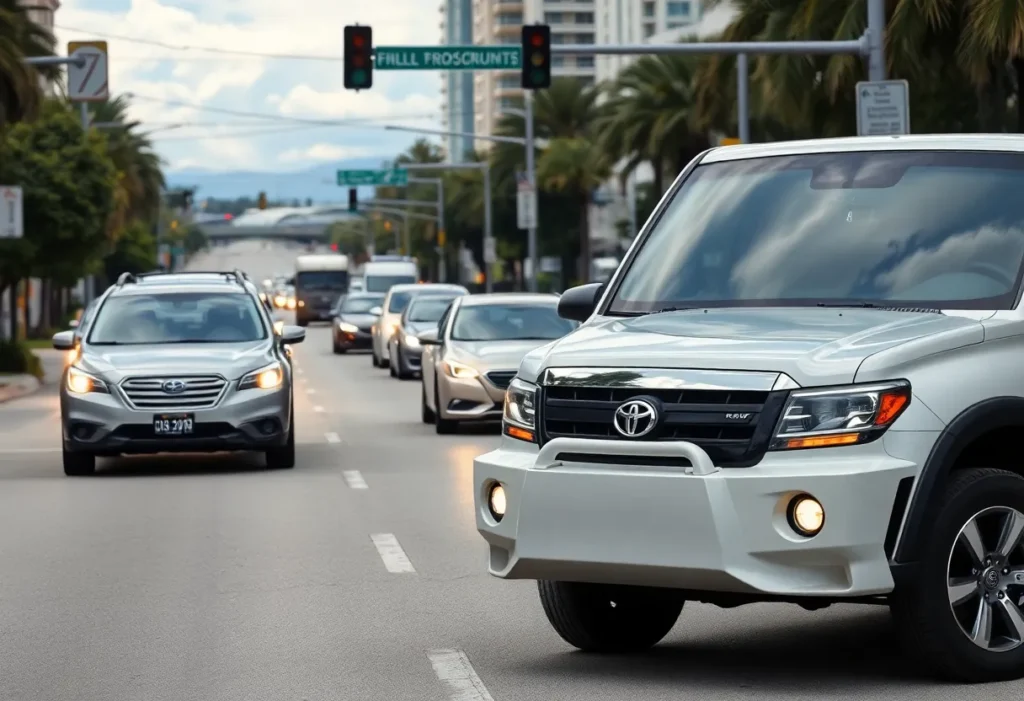 Modified vehicle with a lifted front bumper on a Tampa street