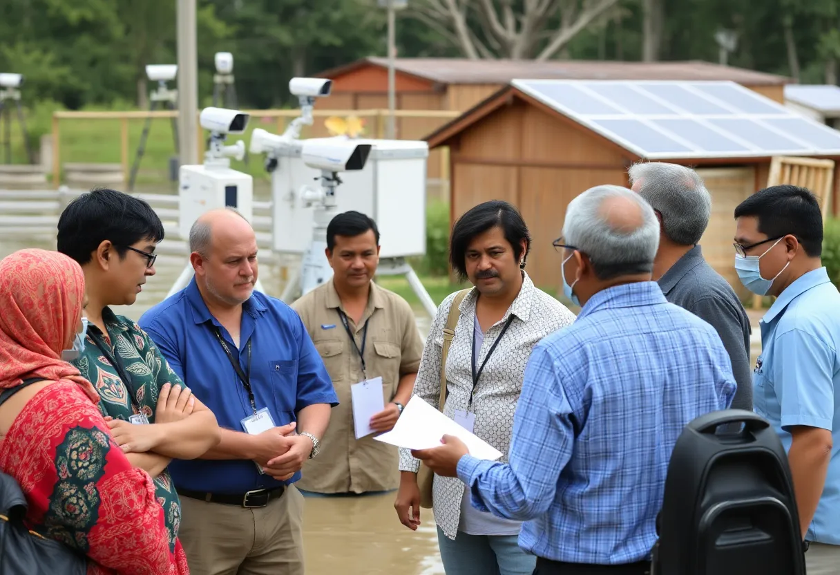 Community members discussing flood monitoring with high-tech equipment.