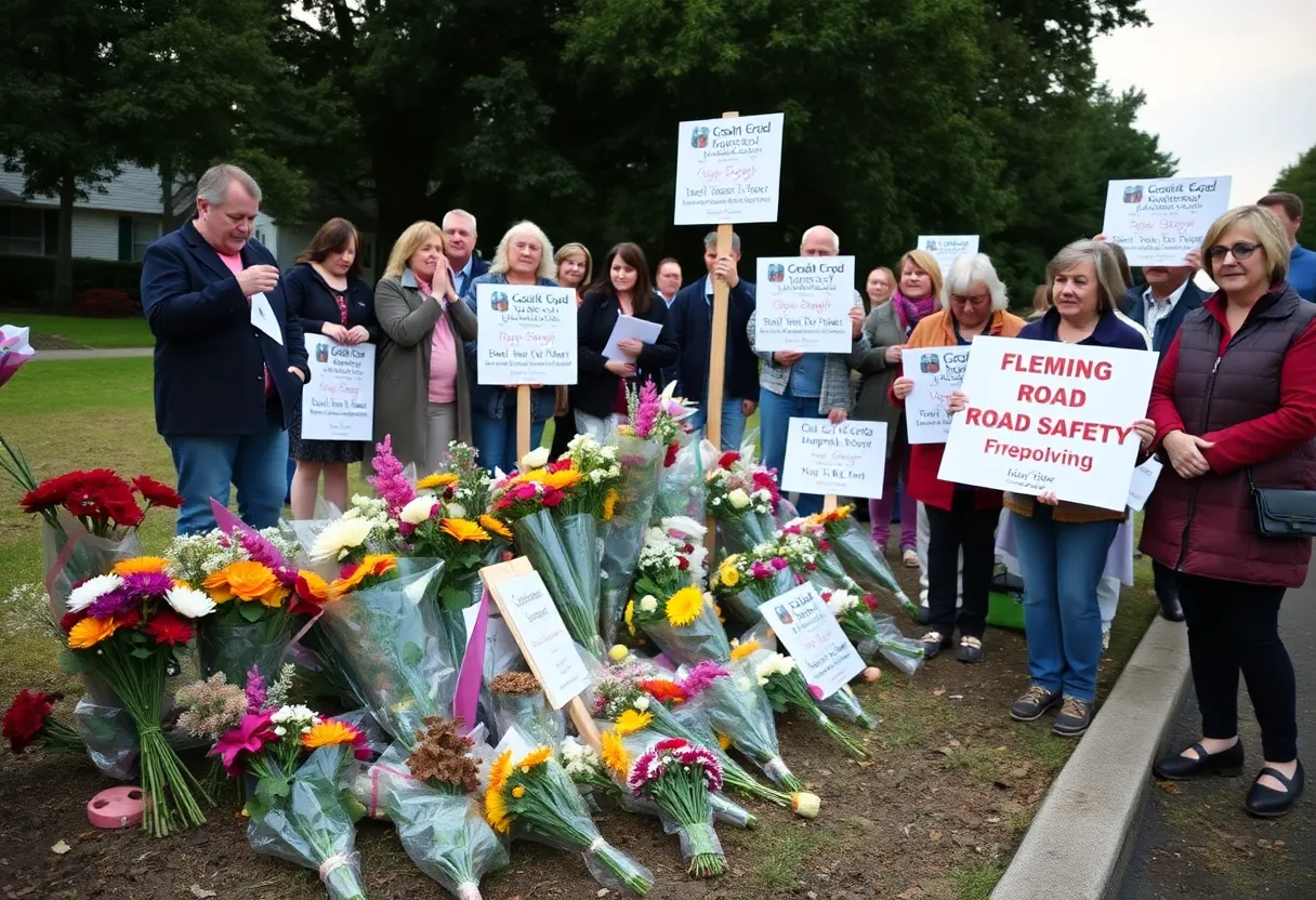 Vibrant community gathering with flowers and safety signs in Tampa