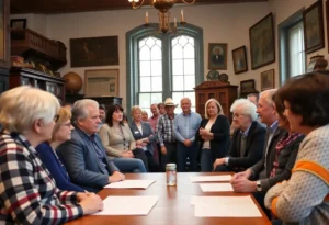 Community members discussing local history in a meeting