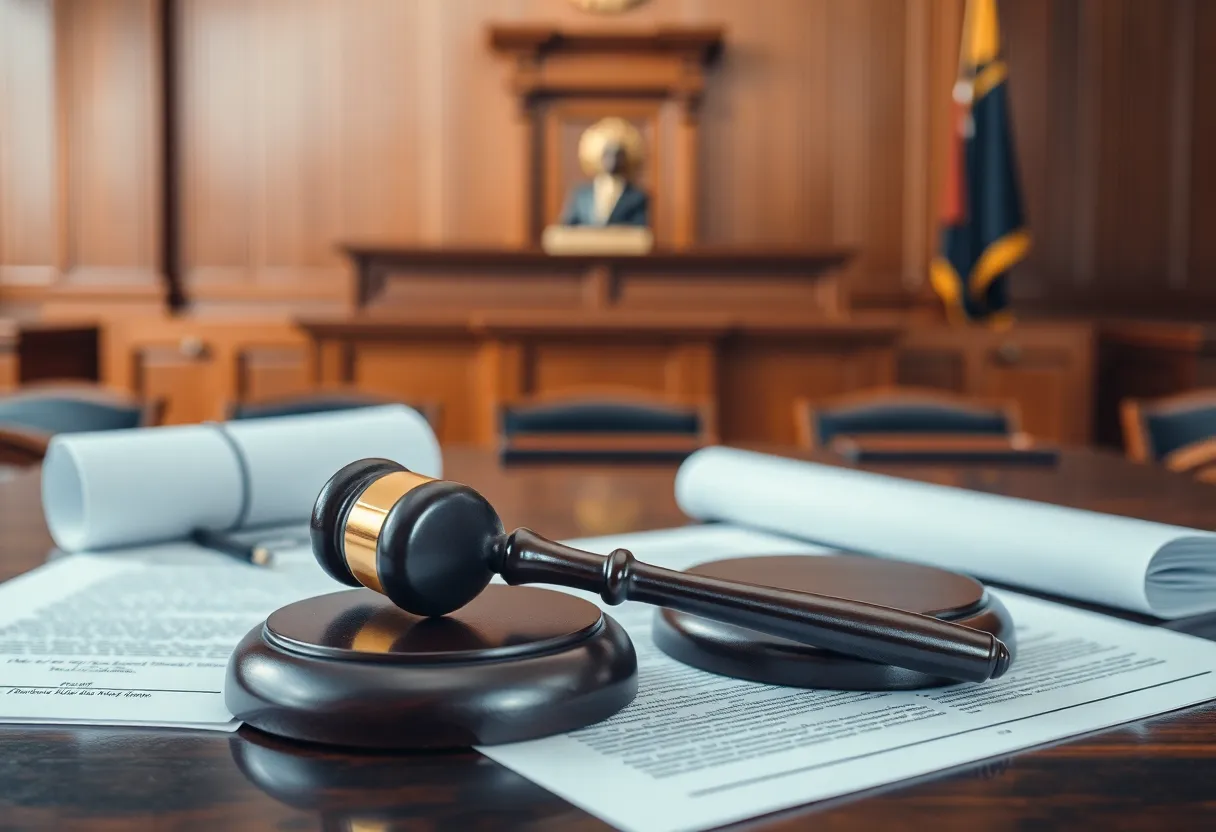 Abstract image of a courtroom setup with a gavel and legal documents