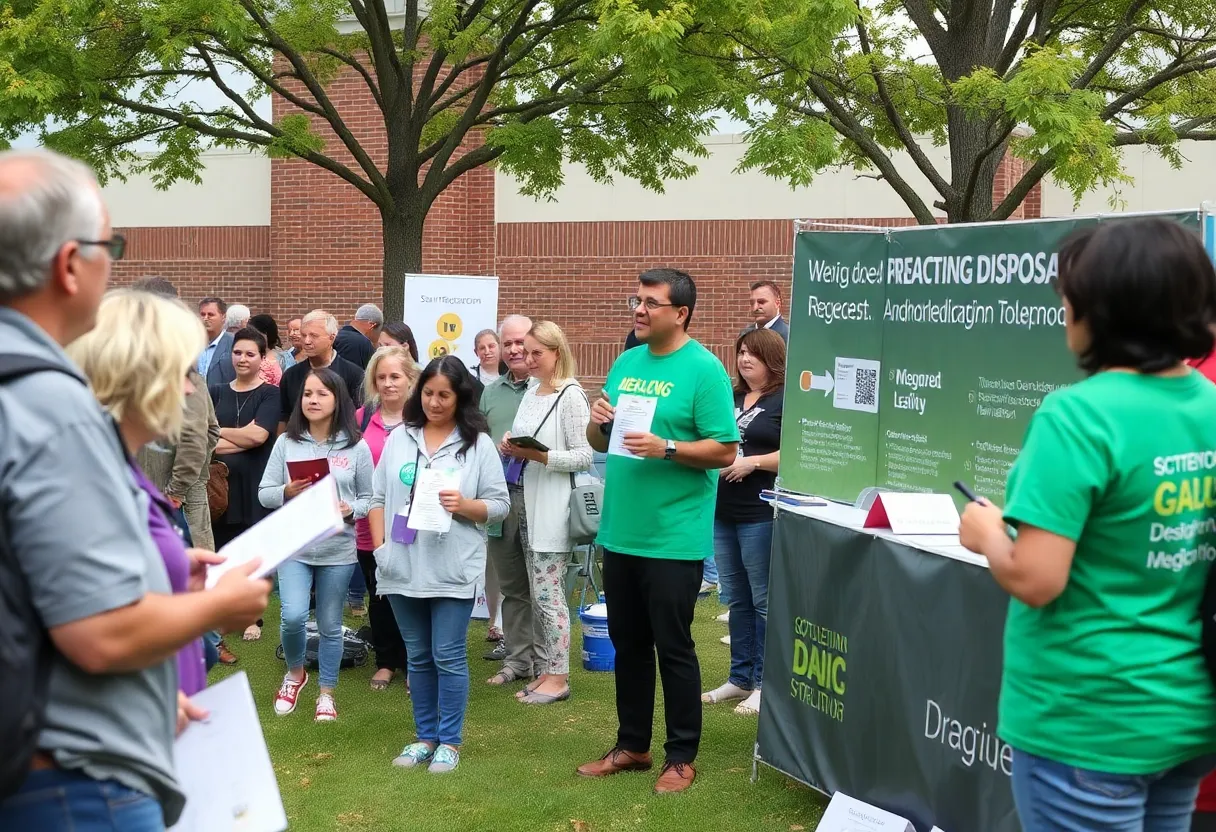 Community members at a drug safety awareness event, discussing safe medication disposal.