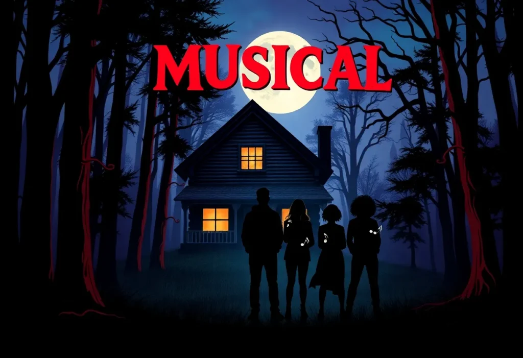 Poster for Evil Dead: The Musical showcasing spooky elements and college students