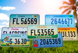 Various Florida specialty license plates lined up, showing unique designs