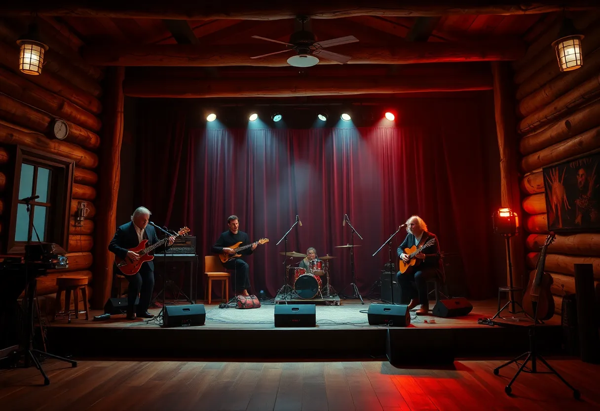Stage set for Ghost Brothers of Darkland County featuring a cabin and musicians