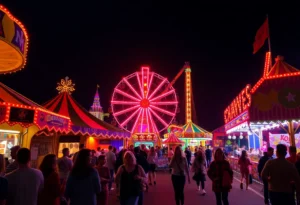 A lively night scene from the Haunted Carnival in Tampa showcasing rides and visitors.