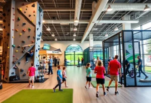 Interior view of House of Sport with families engaging in sports activities