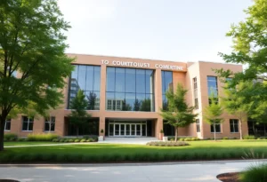 The new Second District Court of Appeal Courthouse in St. Petersburg, designed with modern architecture and green spaces.