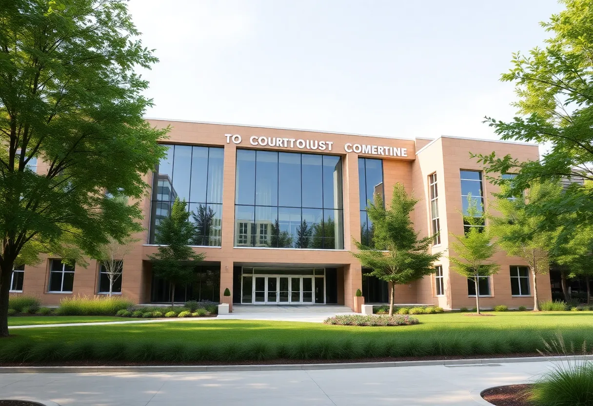 The new Second District Court of Appeal Courthouse in St. Petersburg, designed with modern architecture and green spaces.