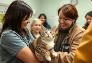 A cat being reunited with her owner at a shelter.
