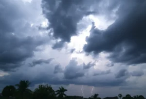Dramatic dark storm clouds over Tampa Bay with lightning