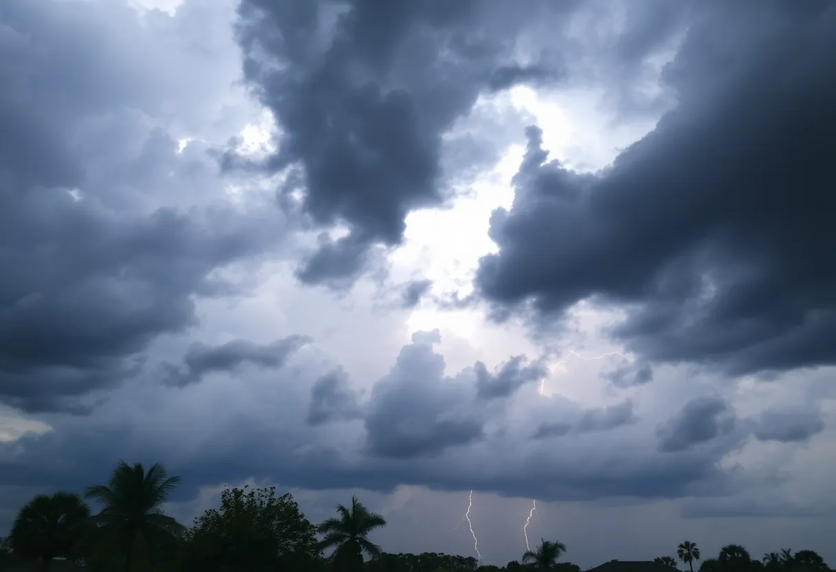 Dramatic dark storm clouds over Tampa Bay with lightning